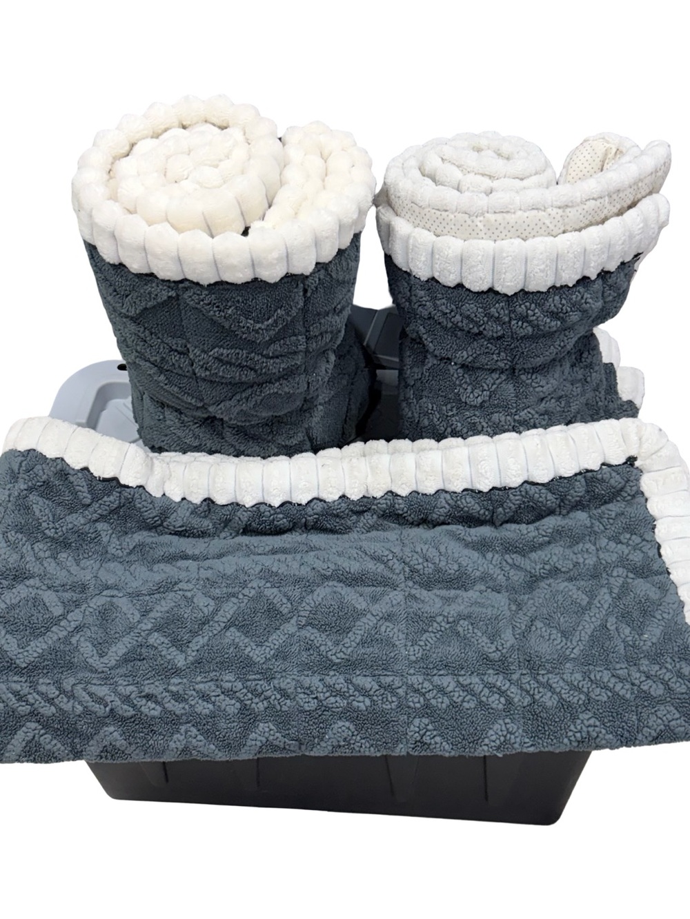 Cozy Textured couch Covers 3 Set in Charcoal Gray with White Trim